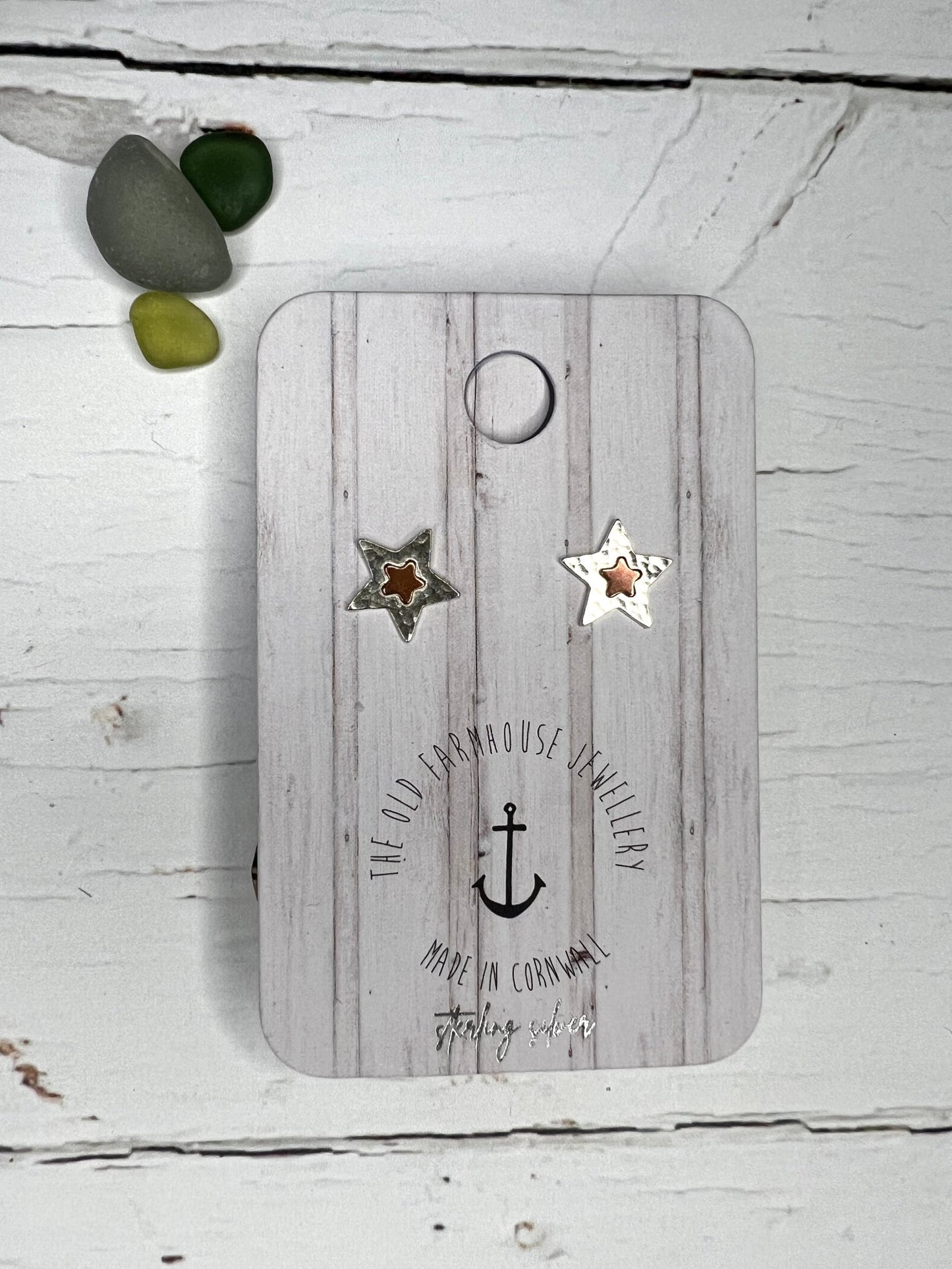 handcrafted silver and copper star stud earrings—textured, coastal charm made in Cornwall for everyday elegance