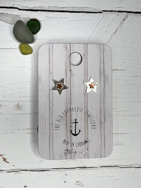 handcrafted silver and copper star stud earrings—textured, coastal charm made in Cornwall for everyday elegance
