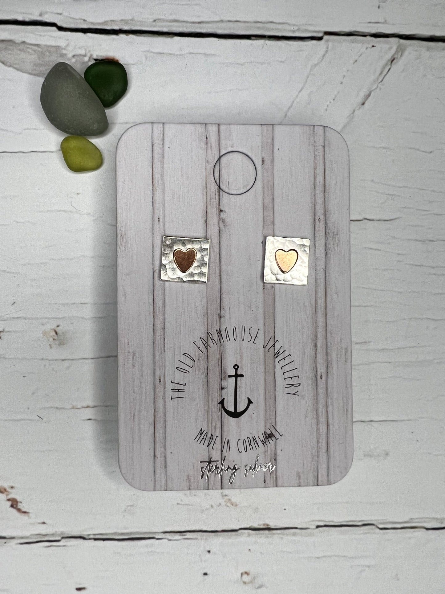 square hammered silver stud earrings with copper heart—handmade in Cornwall, rustic, elegant, and perfect for gifting