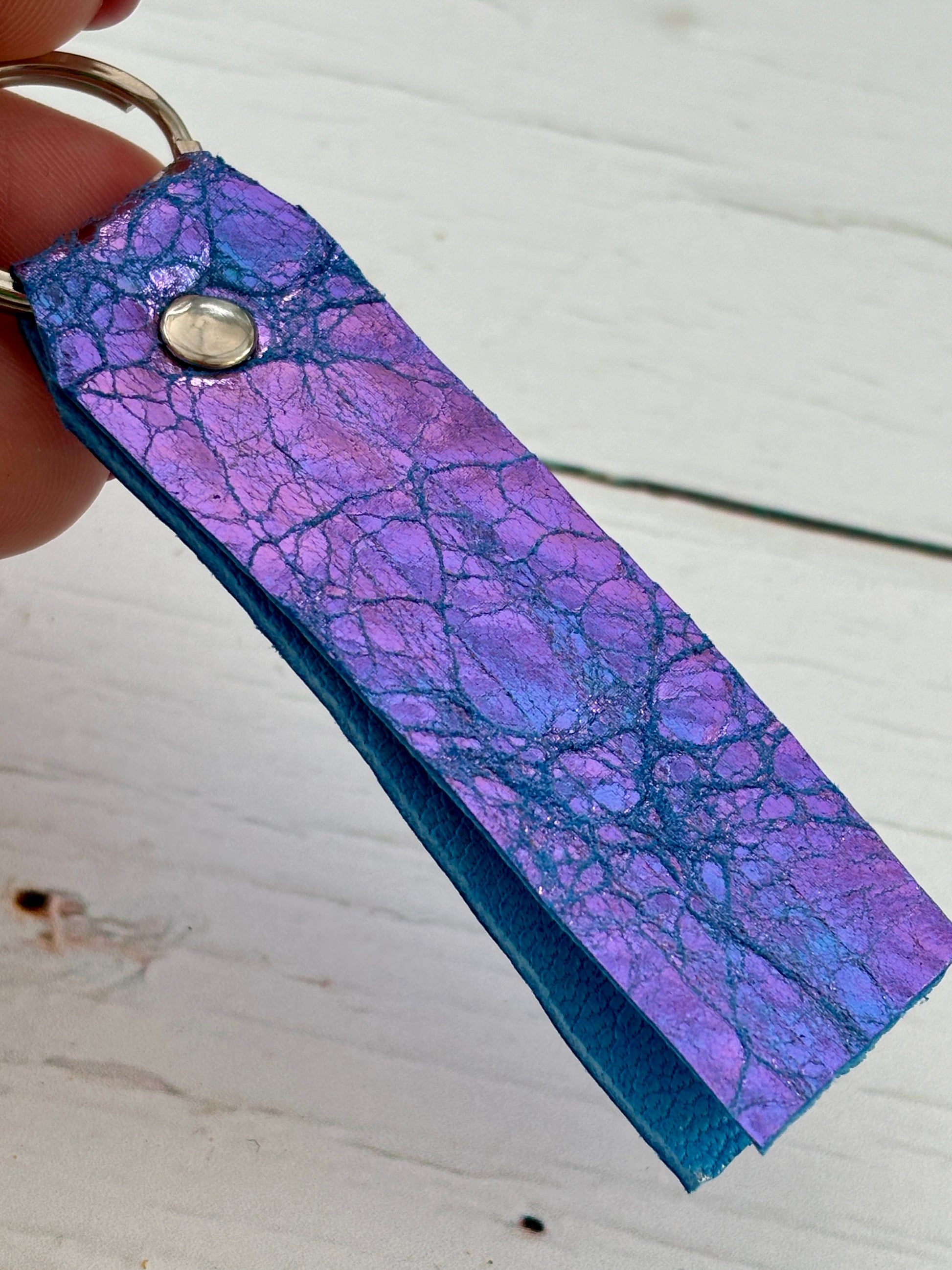 metallic lilac key fob—super soft leather offcut, iridescent finish, lightweight, and perfect for stylish everyday use