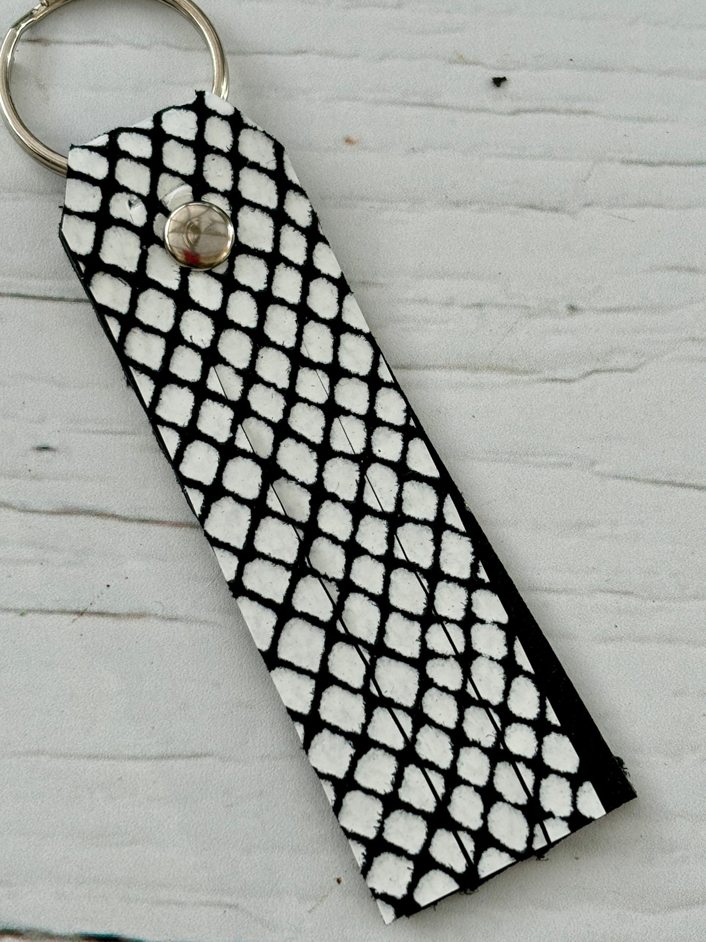 monochrome snake-print key fob—super soft leather offcut, lightweight, durable, and perfect for stylish everyday carry