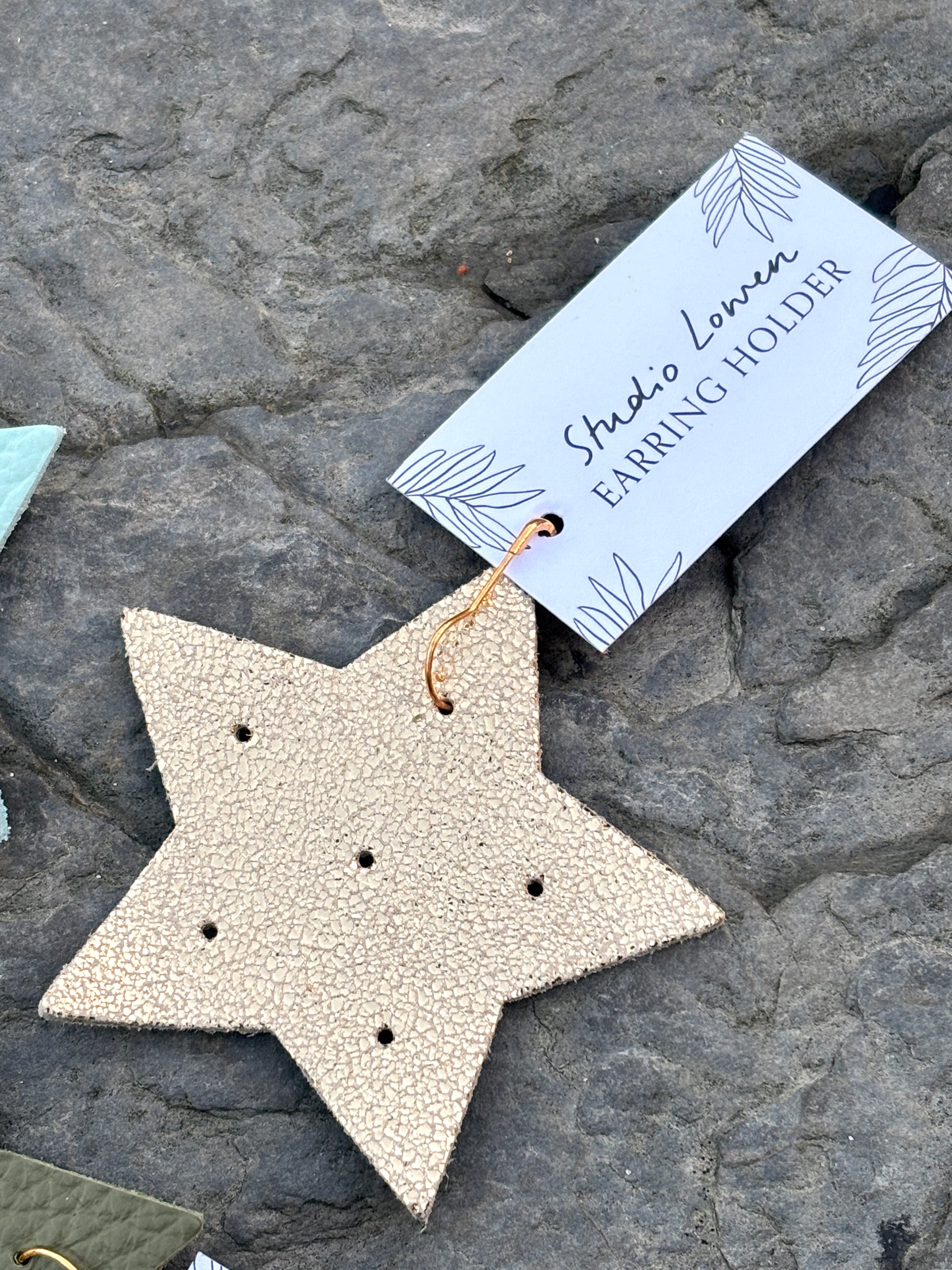 gold leather star earring holder—handmade, textured, compact organizer for studs, hoops, and travel display