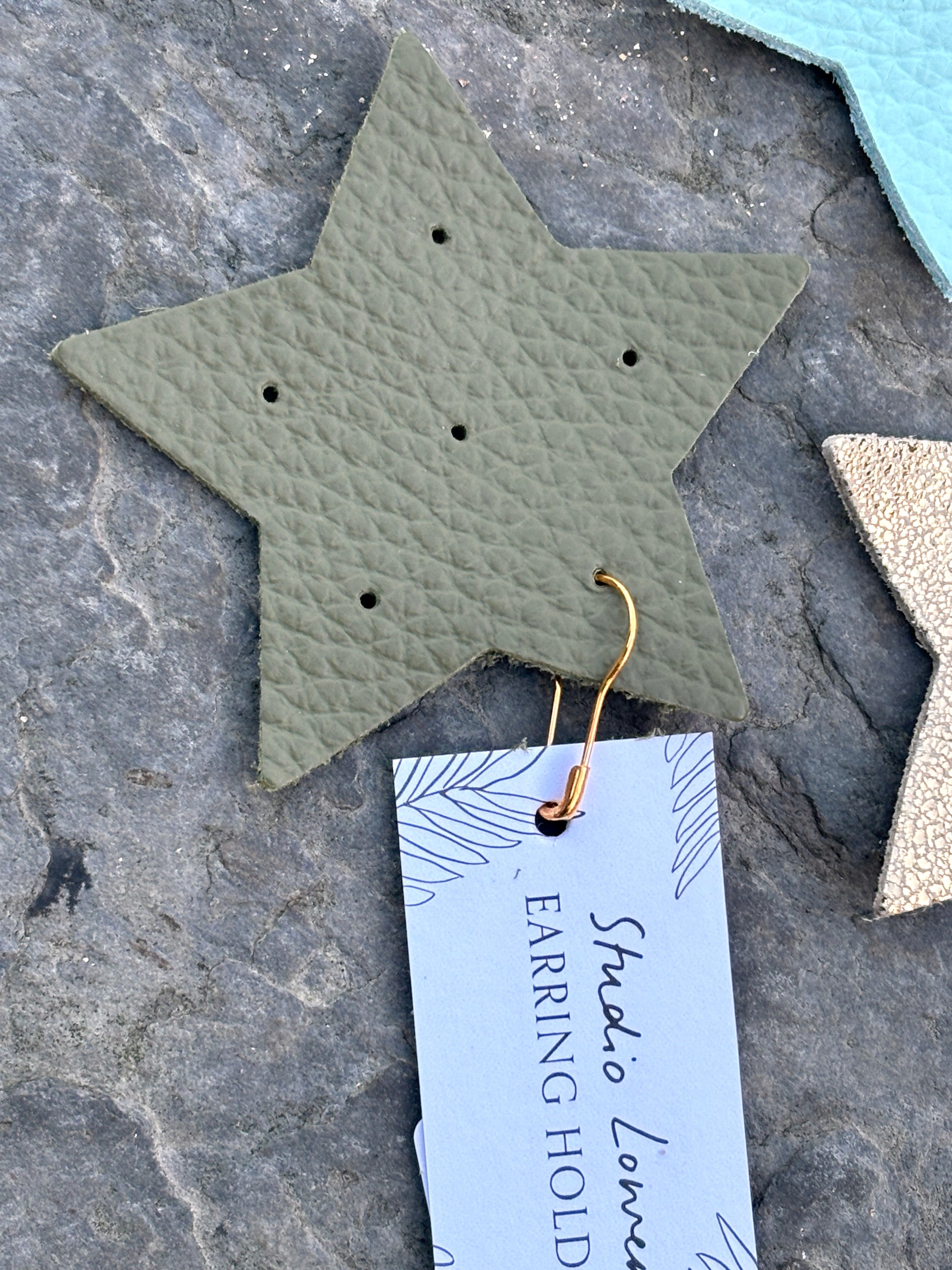 olive green leather star earring holder—earthy, handmade organizer for studs, perfect for gifting or travel