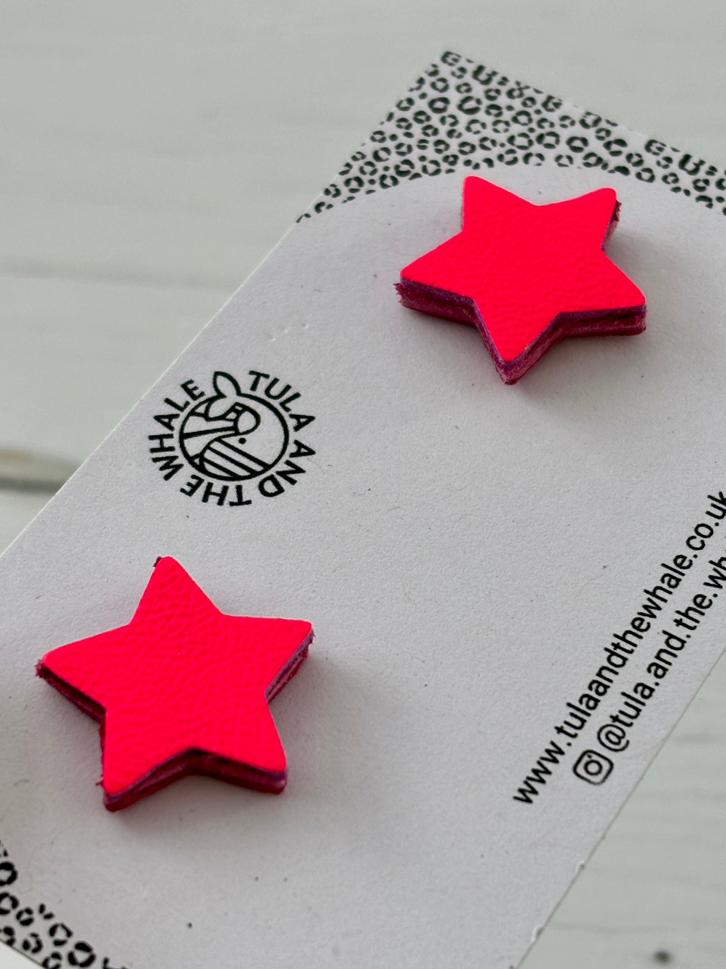 neon pink leather star stud earrings - bright handmade statement studs, bold fluorescent color by Tula and the Whale