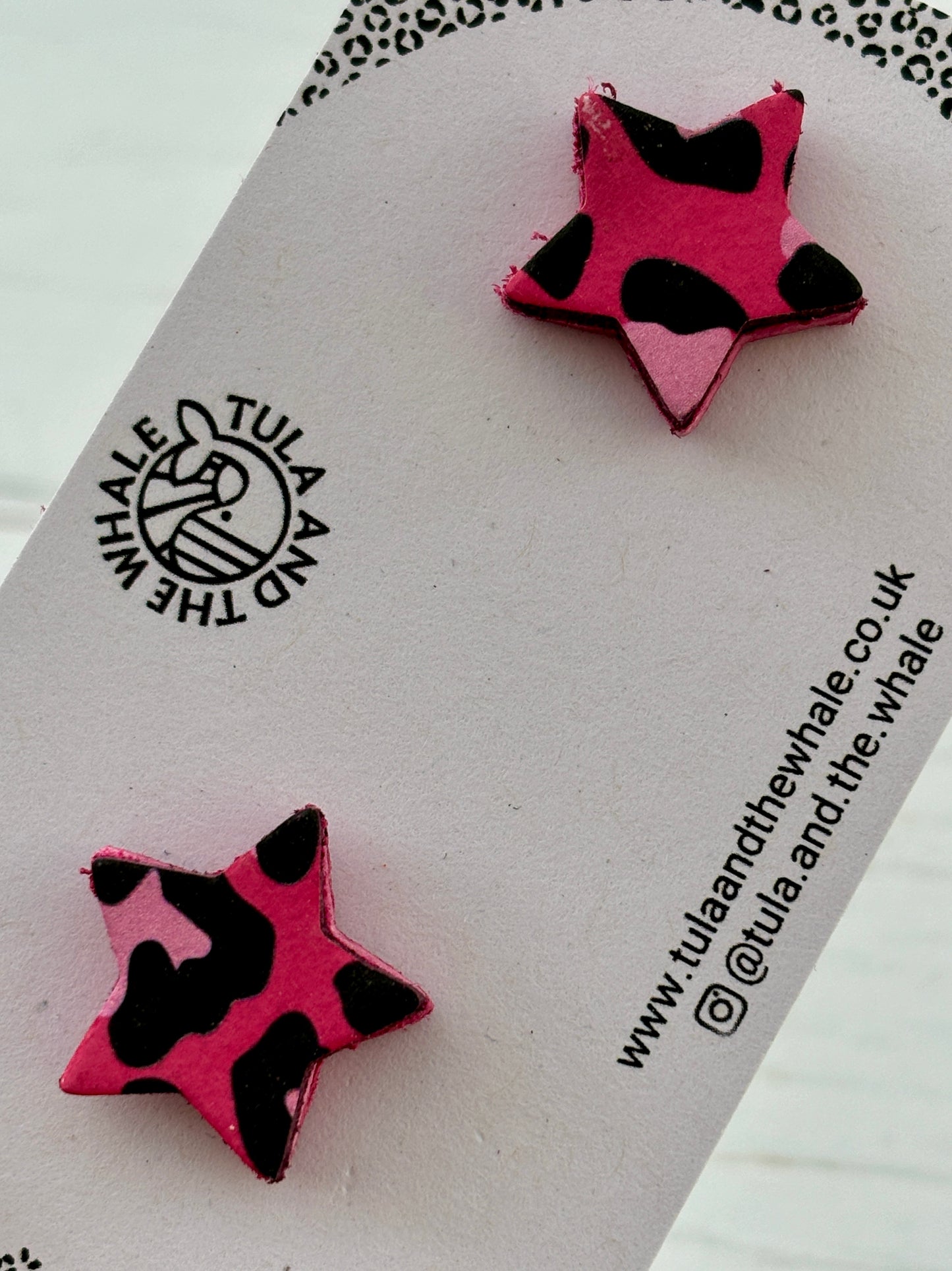hot pink leopard print leather star stud earrings - animal print statement studs by Tula and the Whale