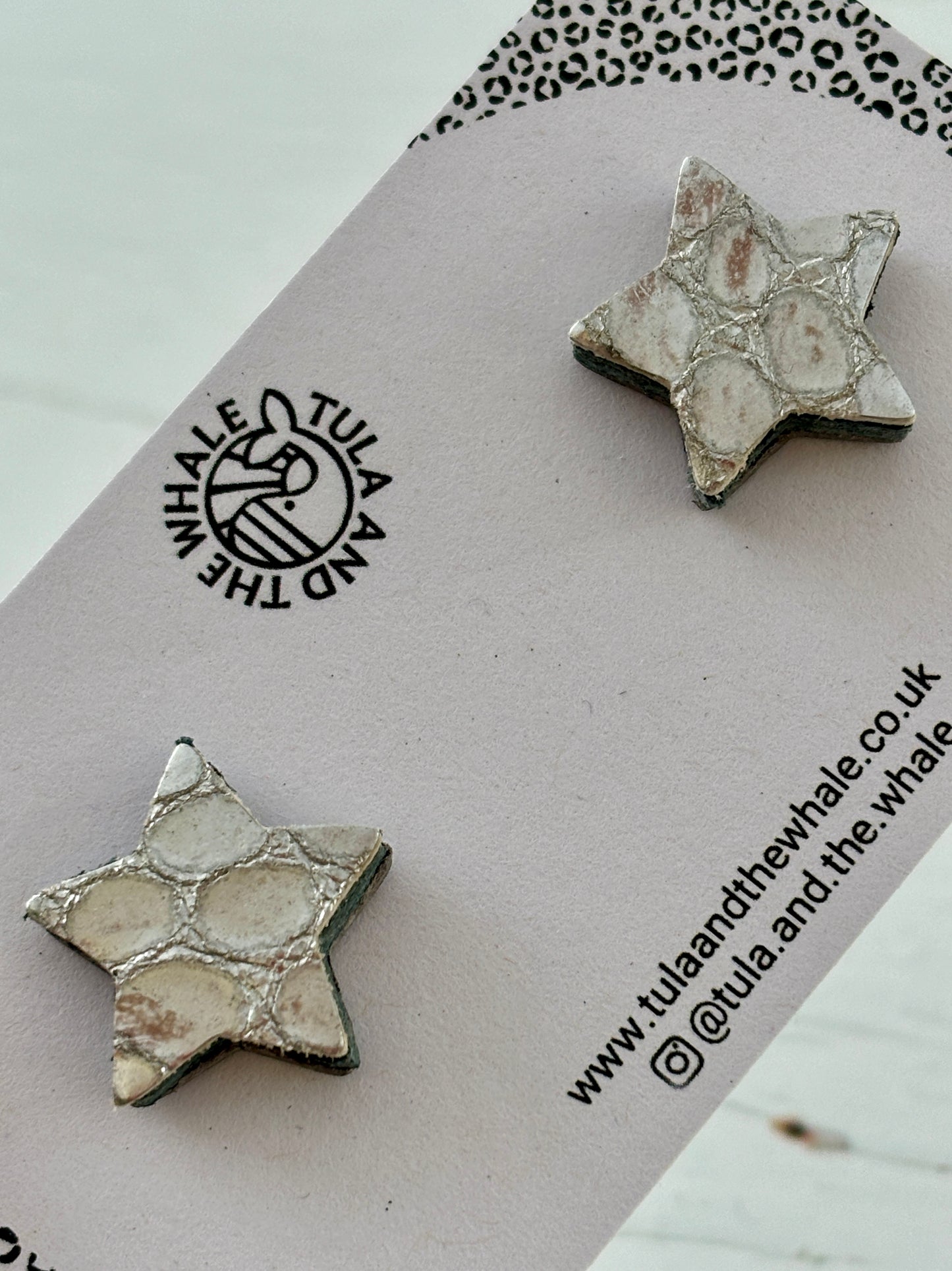 silver snake print leather star stud earrings - metallic reptile texture statement studs by Tula and the Whale