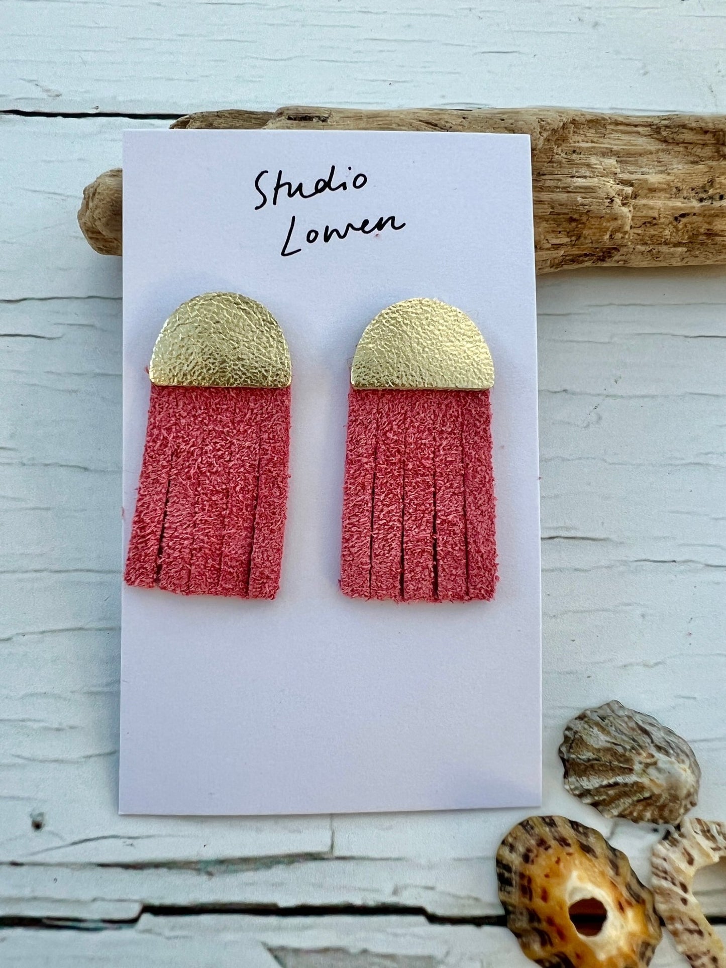 dusky pink leather suede jellyfish tassel earrings—handmade, lightweight, and perfect for coastal-inspired statement wear