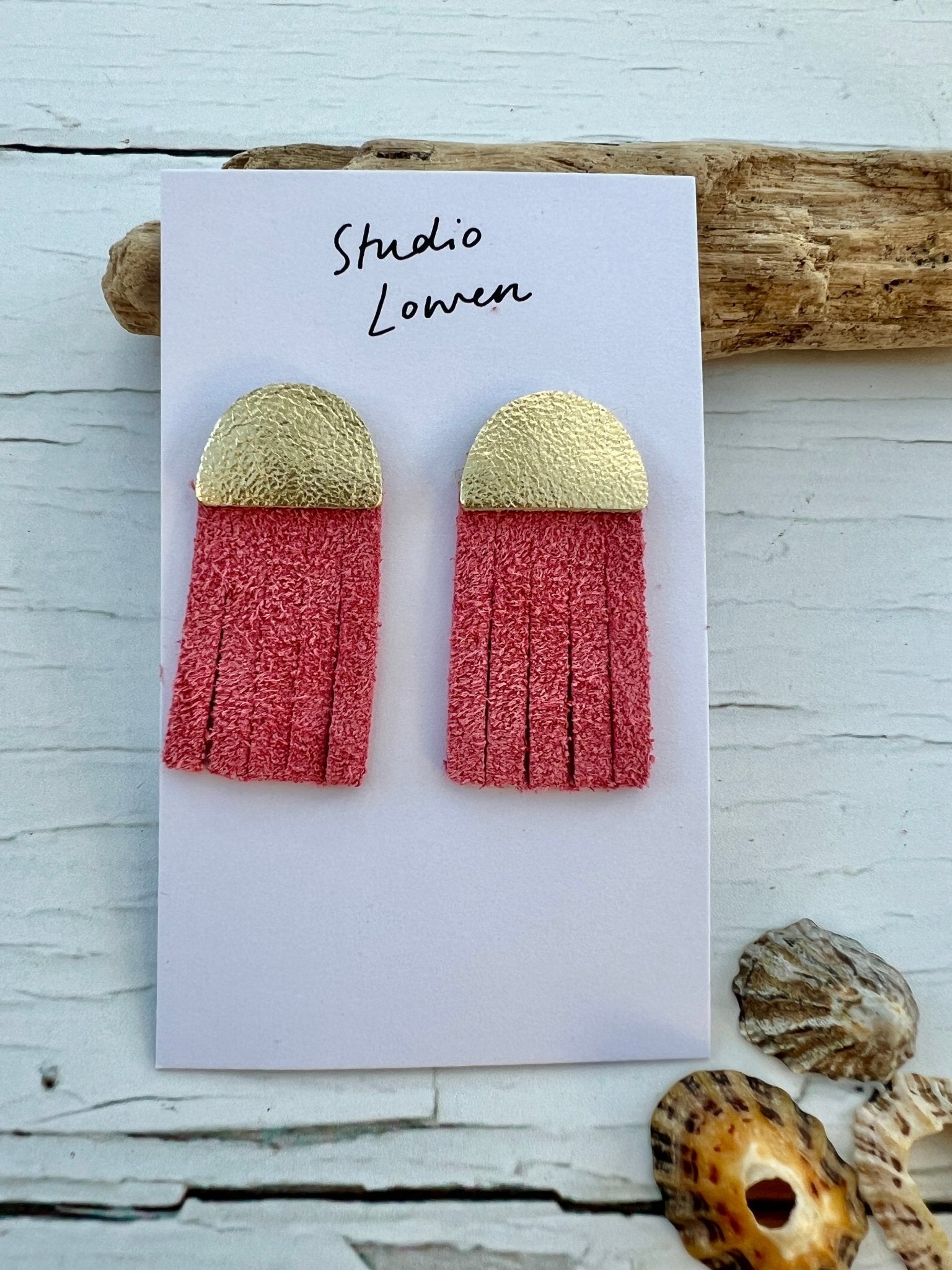 dusky pink leather suede jellyfish tassel earrings—handmade, lightweight, and perfect for coastal-inspired statement wear