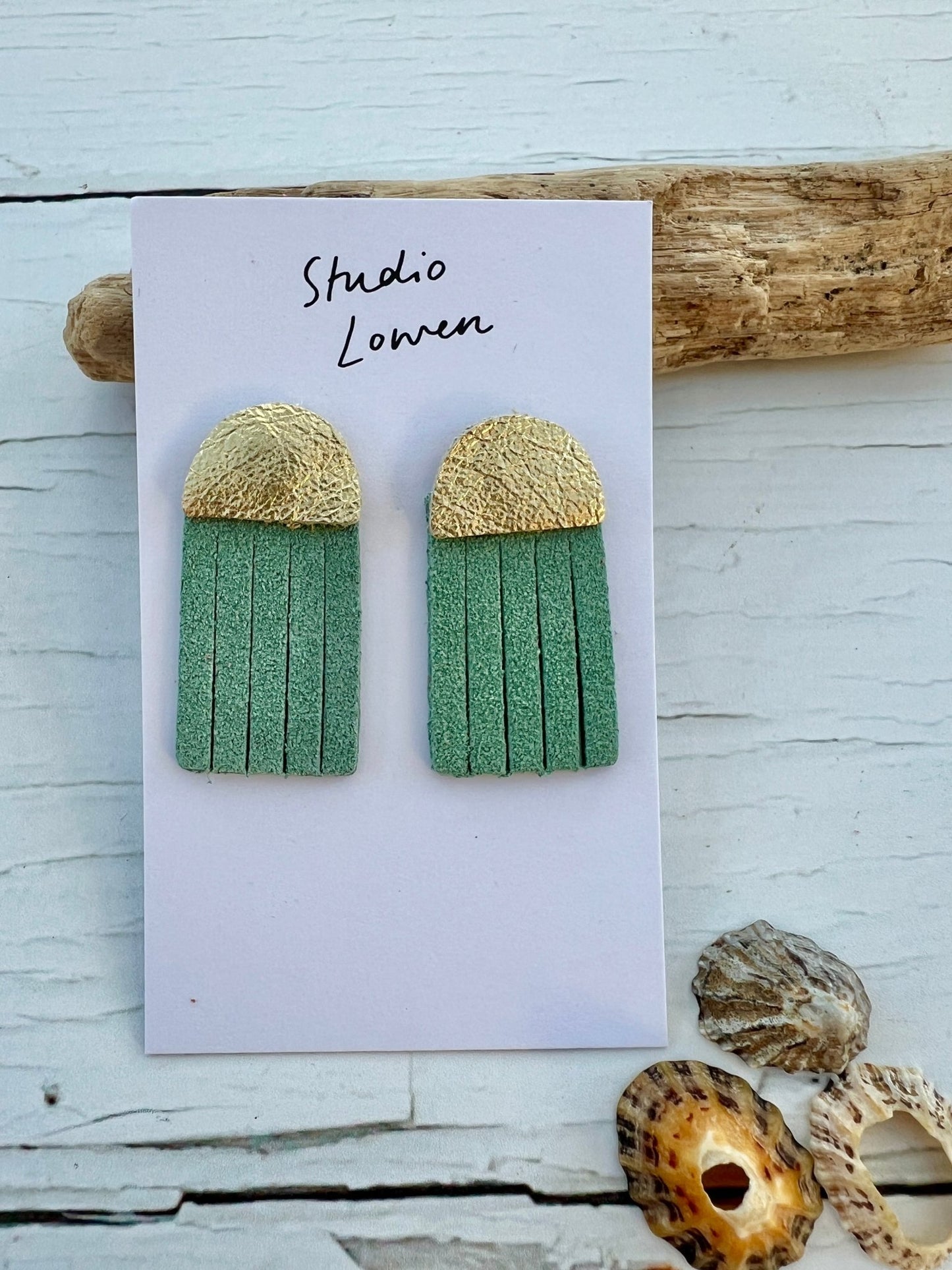 sage green leather suede jellyfish tassel earrings—handmade, lightweight, and ideal for coastal-inspired statement looks