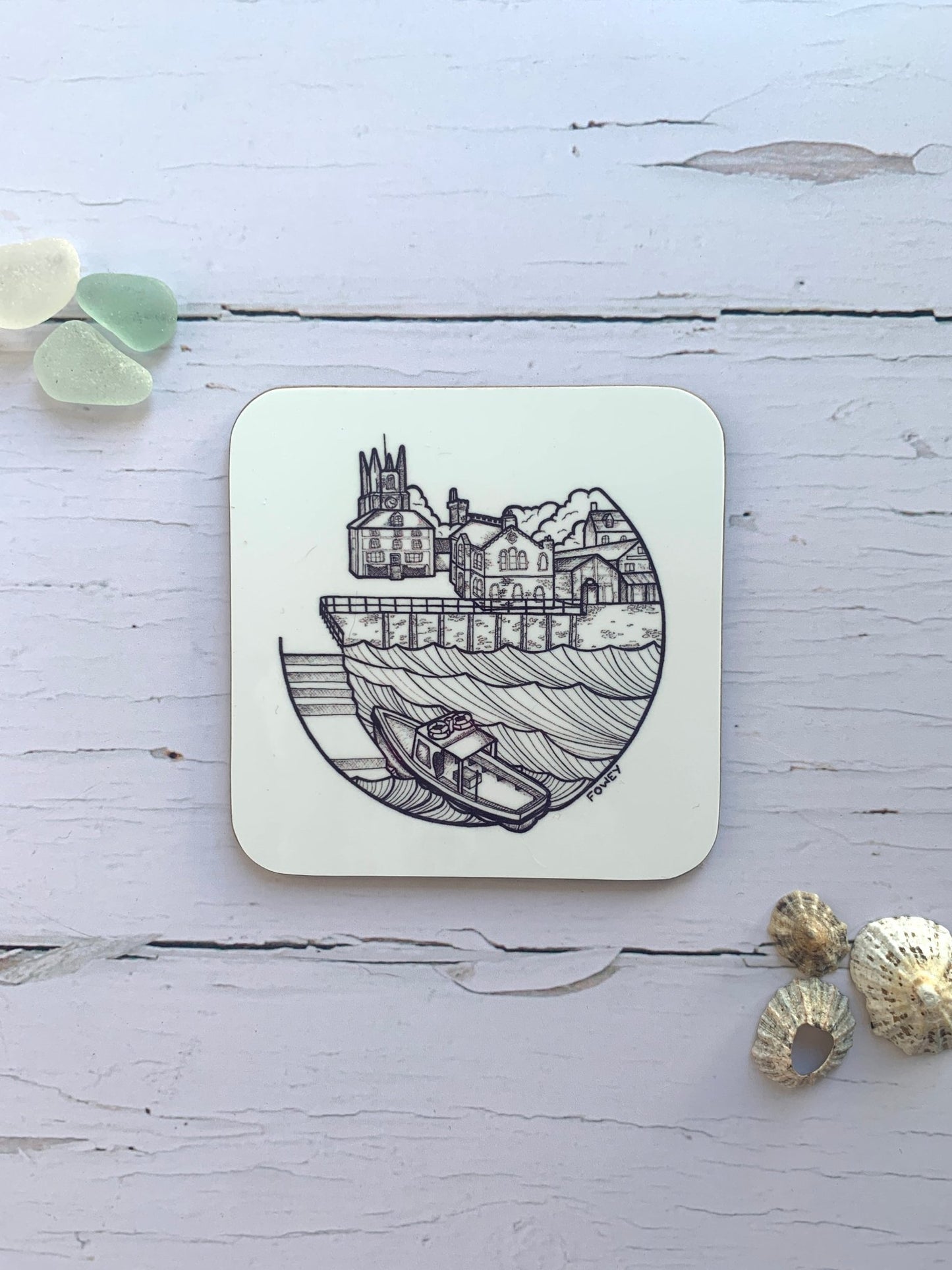 Line Drawing Fowey & Readymoney Coasters - Readymoney Beach Shop