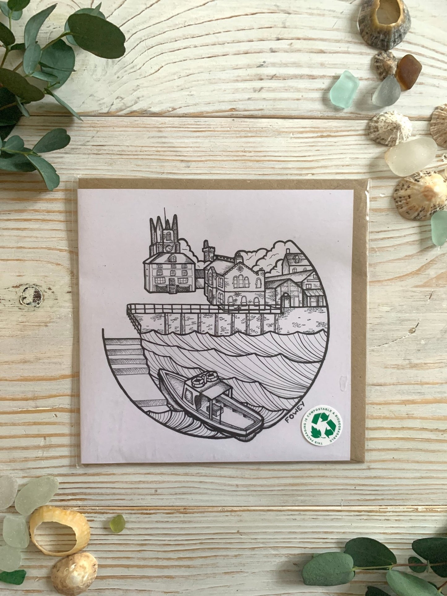 hand-drawn coastal town greeting card with boat and church—eco-friendly, compostable, and perfect for seaside lovers