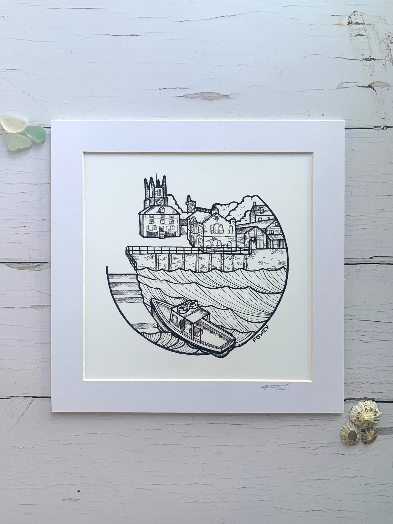 Fowey coastal town art print—monochrome line drawing, framed and perfect for minimalist Cornish-inspired décor