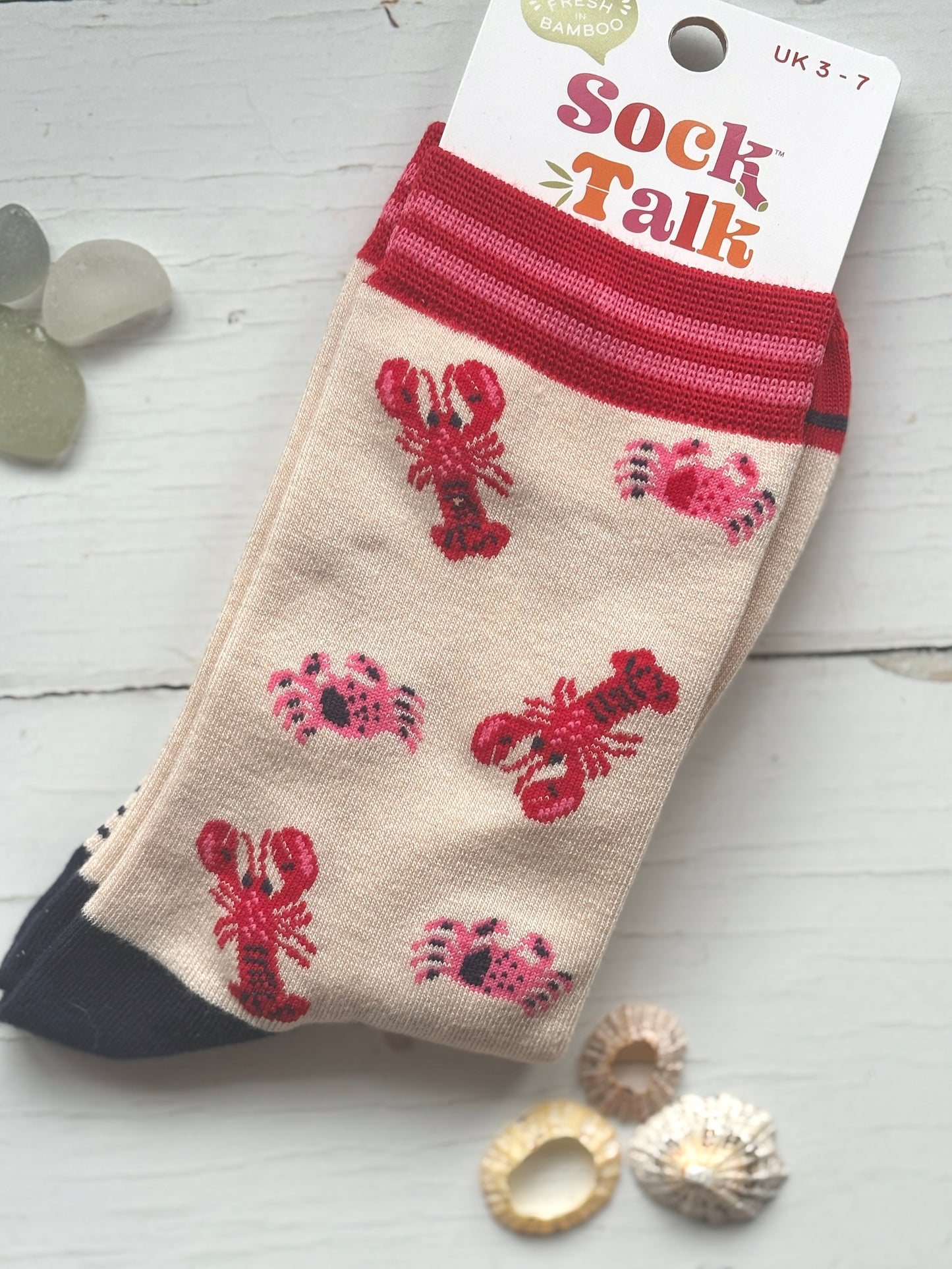 knitted bamboo socks by Sock Talk with alternating red lobsters and pink crabs unique coastal apparel and novelty gift