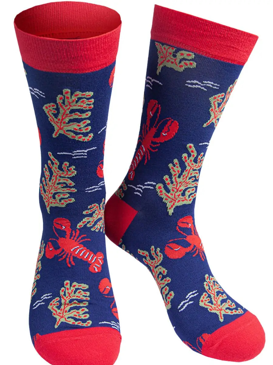 Lobster & Seaweed Red & Blue Bamboo Mens Socks -Size 7 to 11