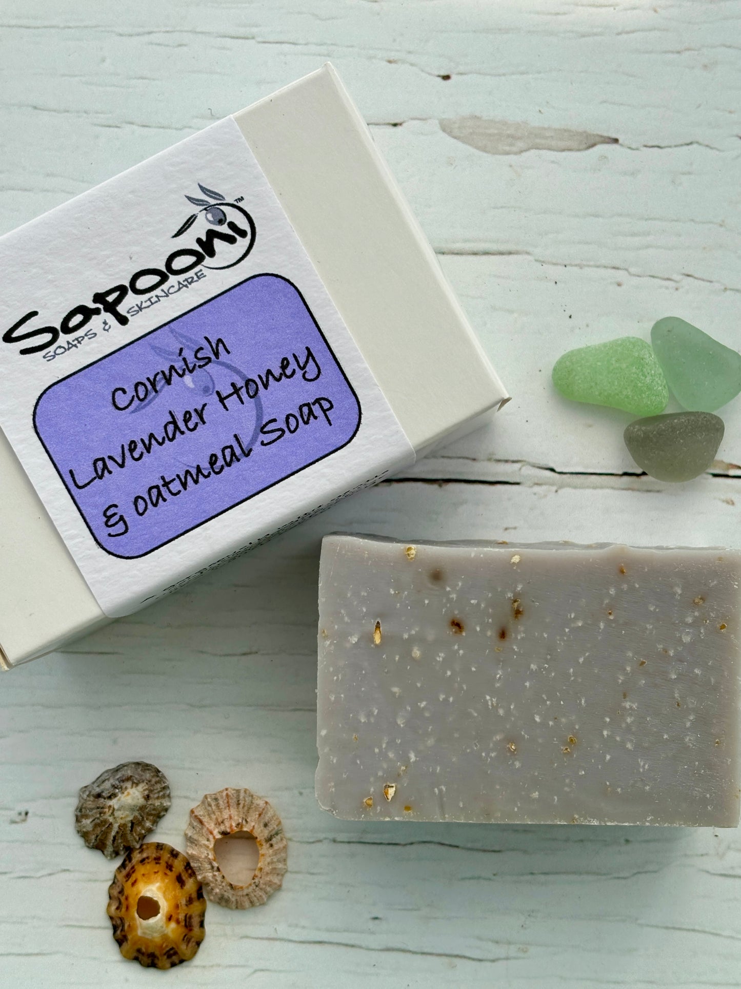 Cornish handmade soap with lavender, honey & oatmeal—natural, artisanal, coastal-inspired skincare with sea glass accents