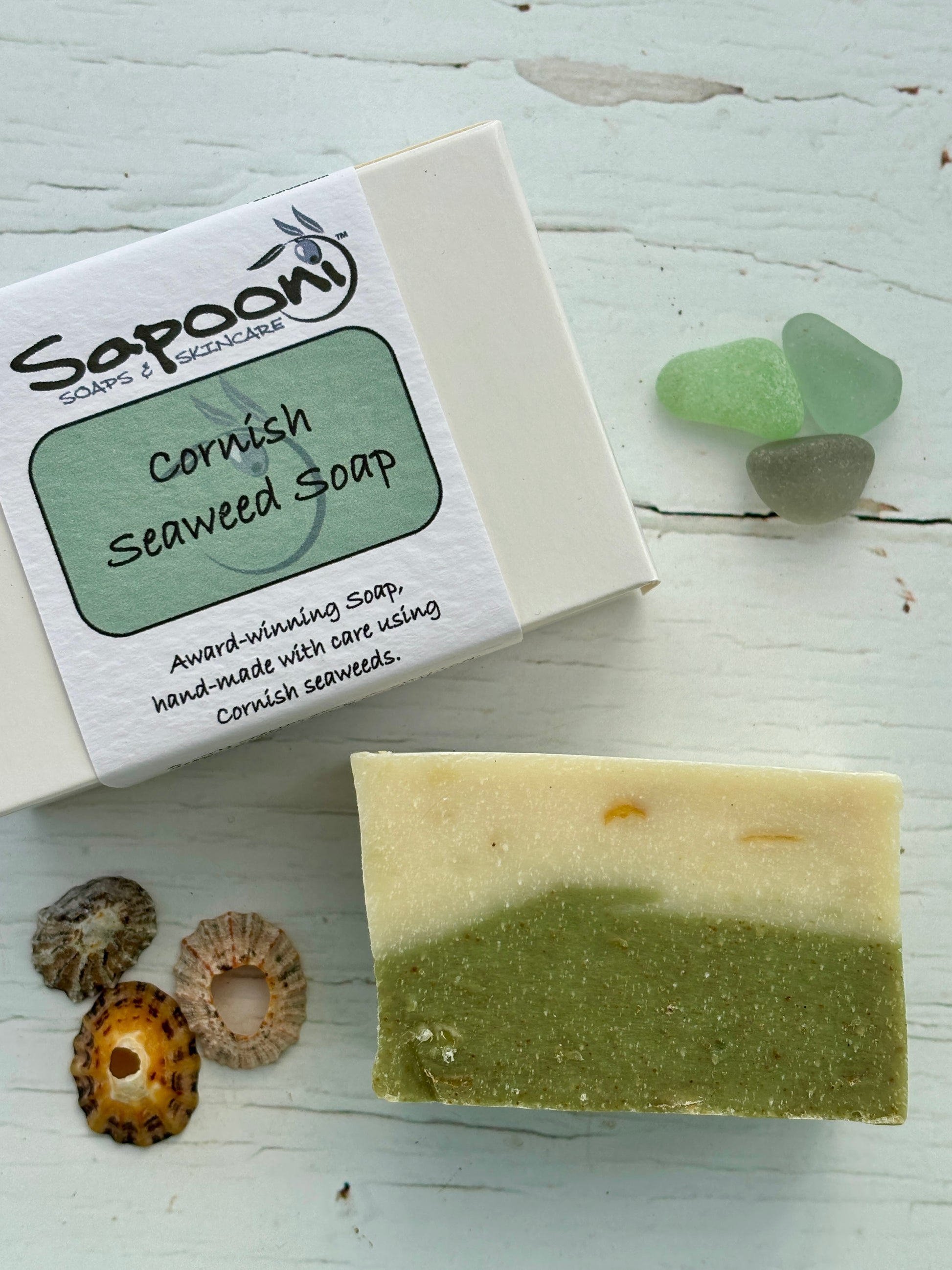 Cornish seaweed soap—handmade, award-winning, natural two-tone bar for eco-conscious coastal skincare routines