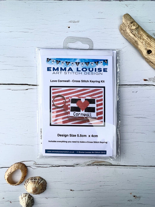 love Cornwall cross stitch keyring kit—handmade, coastal-themed, beginner-friendly craft with heart design and full materials