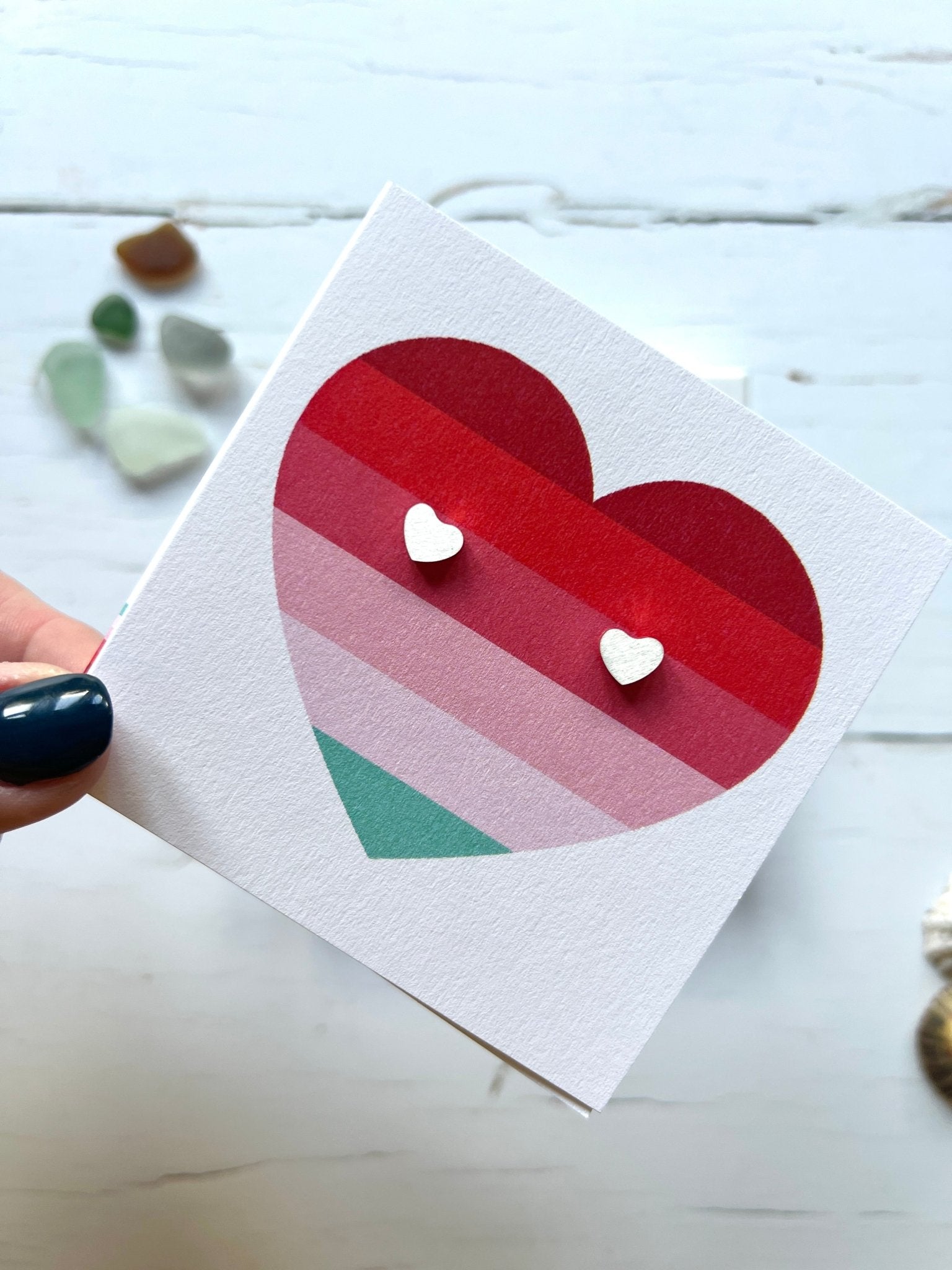 love heart earrings gift card—handmade, coastal-inspired, vibrant striped design with 3D embellishments for gifting