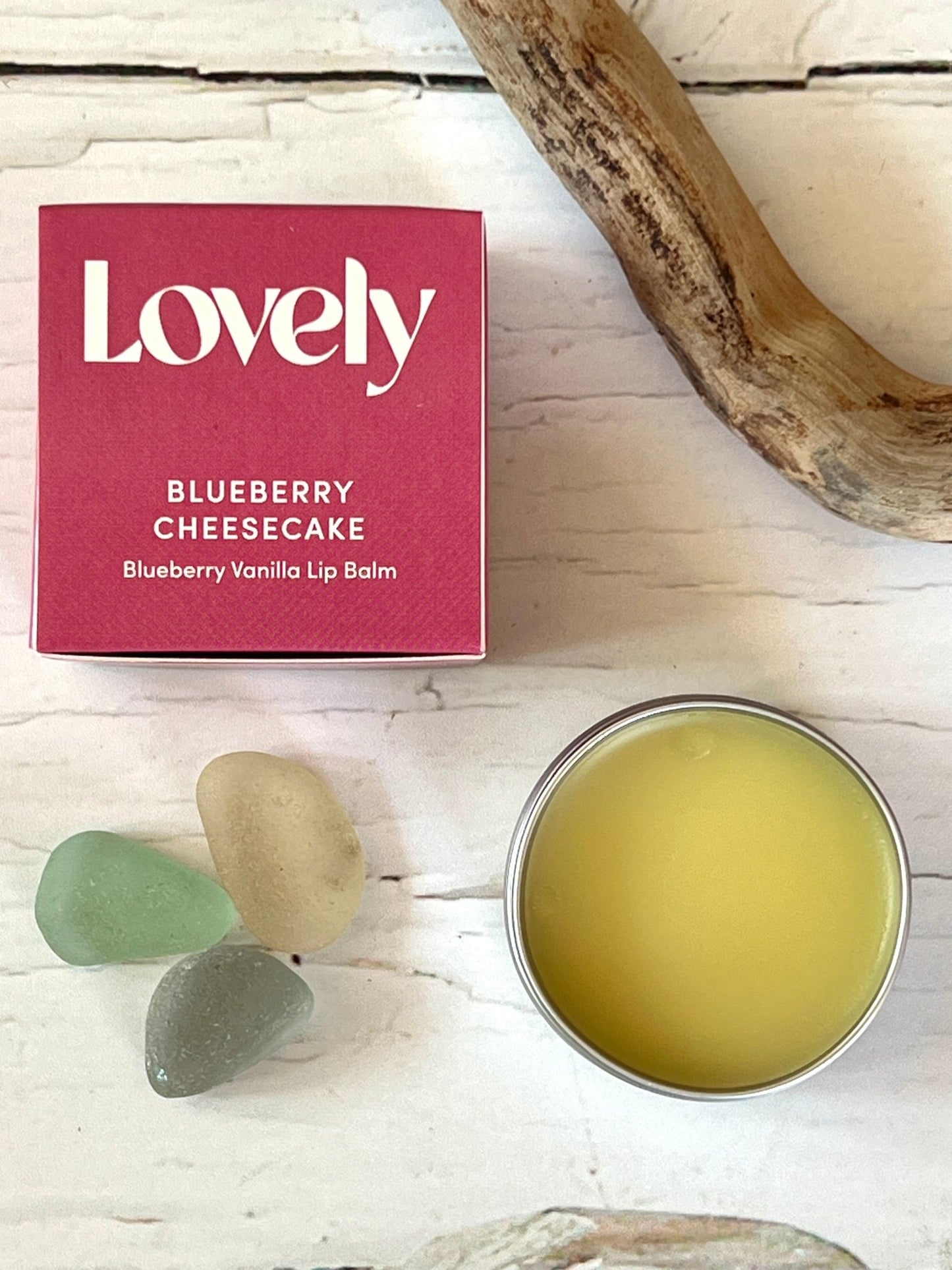 lovely blueberry vanilla lip balm—handmade, creamy and fruity blend in a pink tin for natural skincare and sweet gifting
