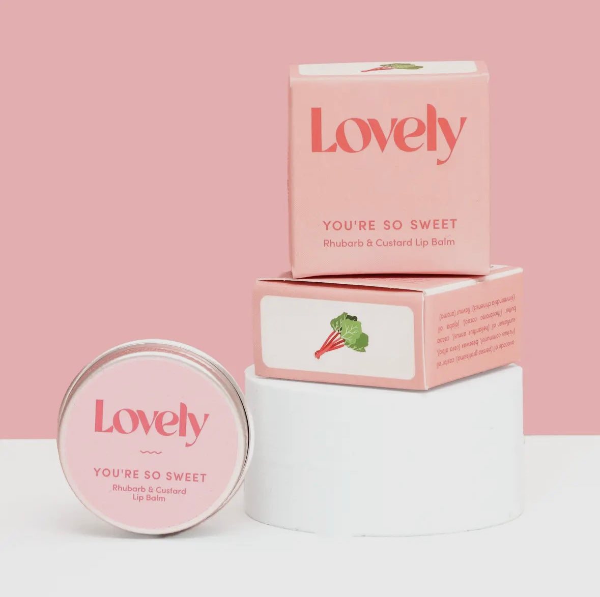 lovely rhubarb & custard lip balm—handmade, sweetly scented, natural skincare in a gift-ready pink tin