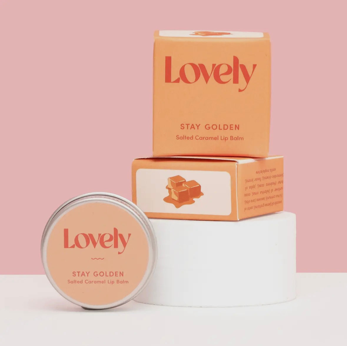 lovely salted caramel lip balm—handmade, sweet and nourishing in a golden tin for natural skincare and gifting