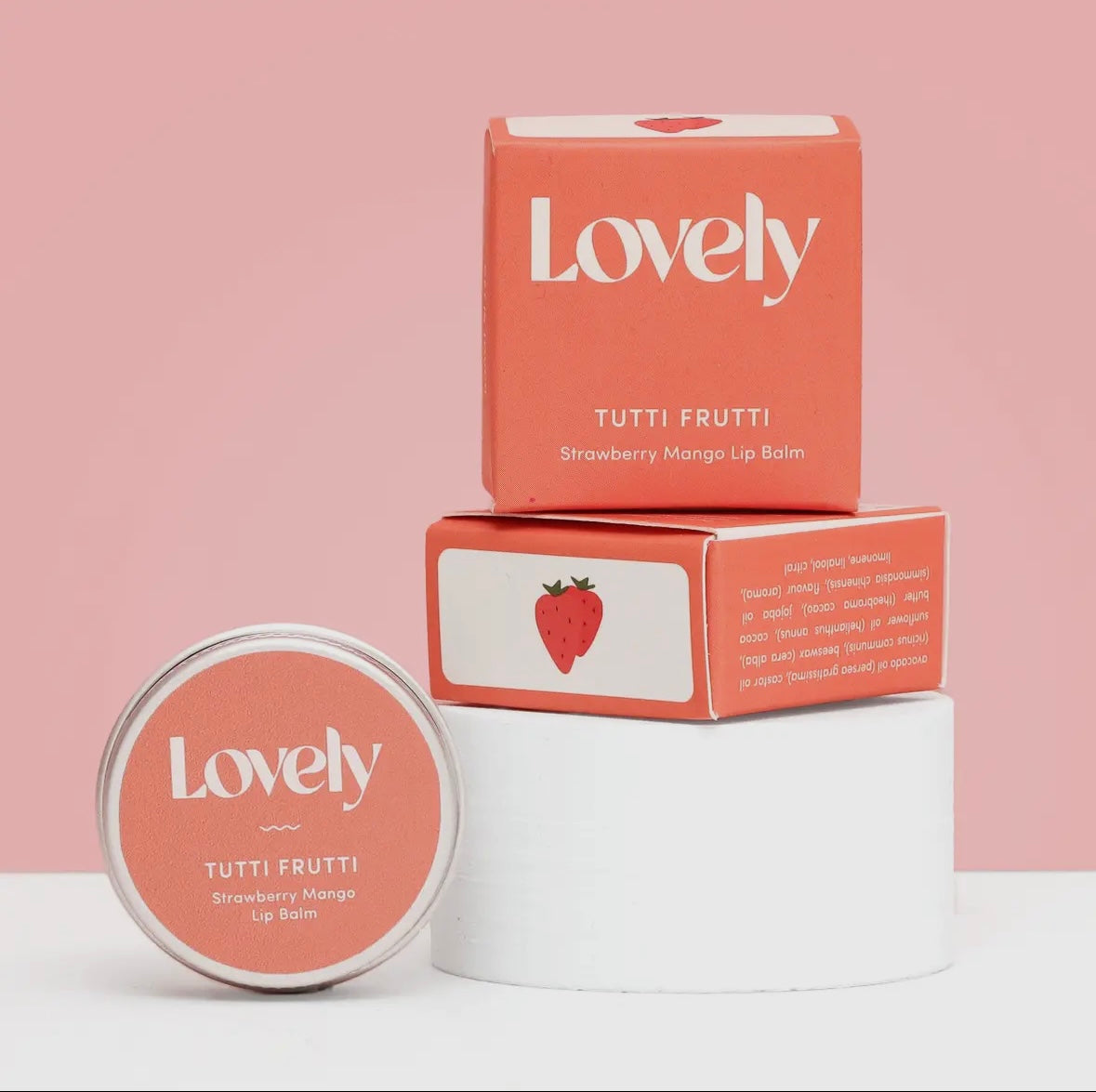 lovely strawberry mango lip balm—handmade, fruity, and nourishing in a coral tin for natural skincare and gifting