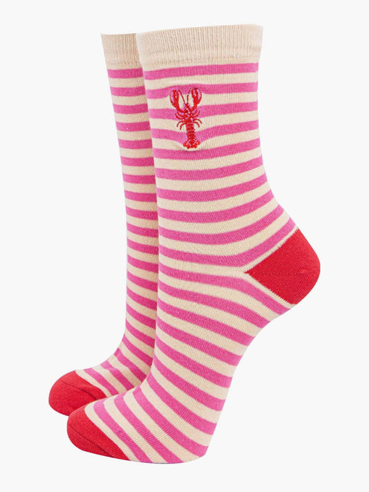 Women's Embroidered Ankle Socks- Red, Lobster Stripe