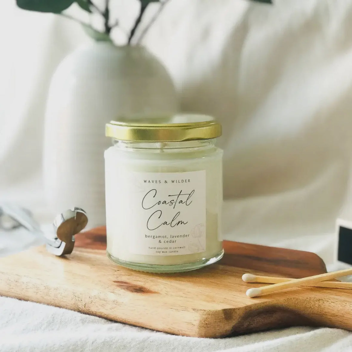 coastal calm soy wax candle by Waves & Wilder bergamot, lavender, cedar scent relaxing home decor aromatherapy