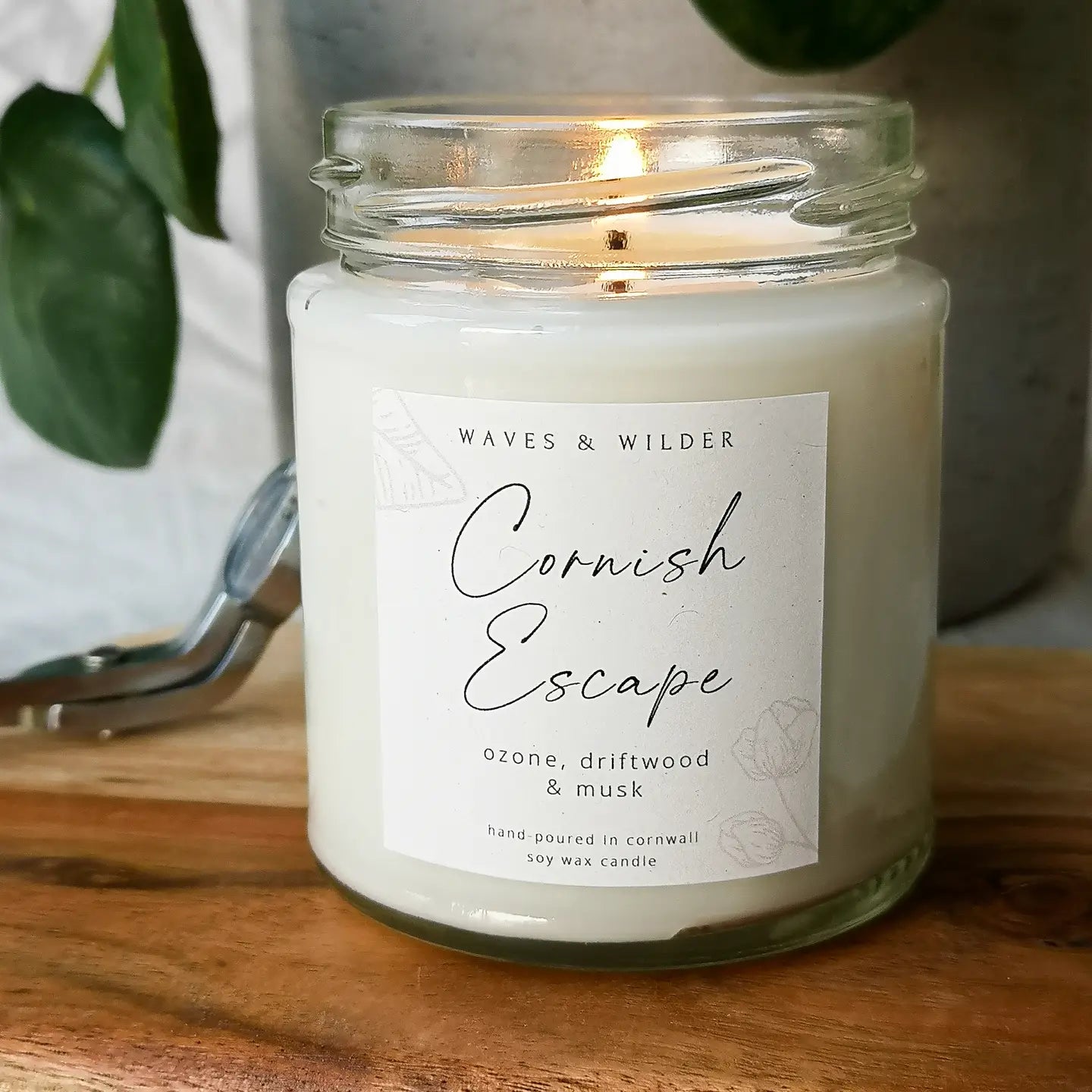 cornish escape soy wax candle by Waves & Wilder Coastal scent: ozone, driftwood, musk hand-poured Cornwall gift