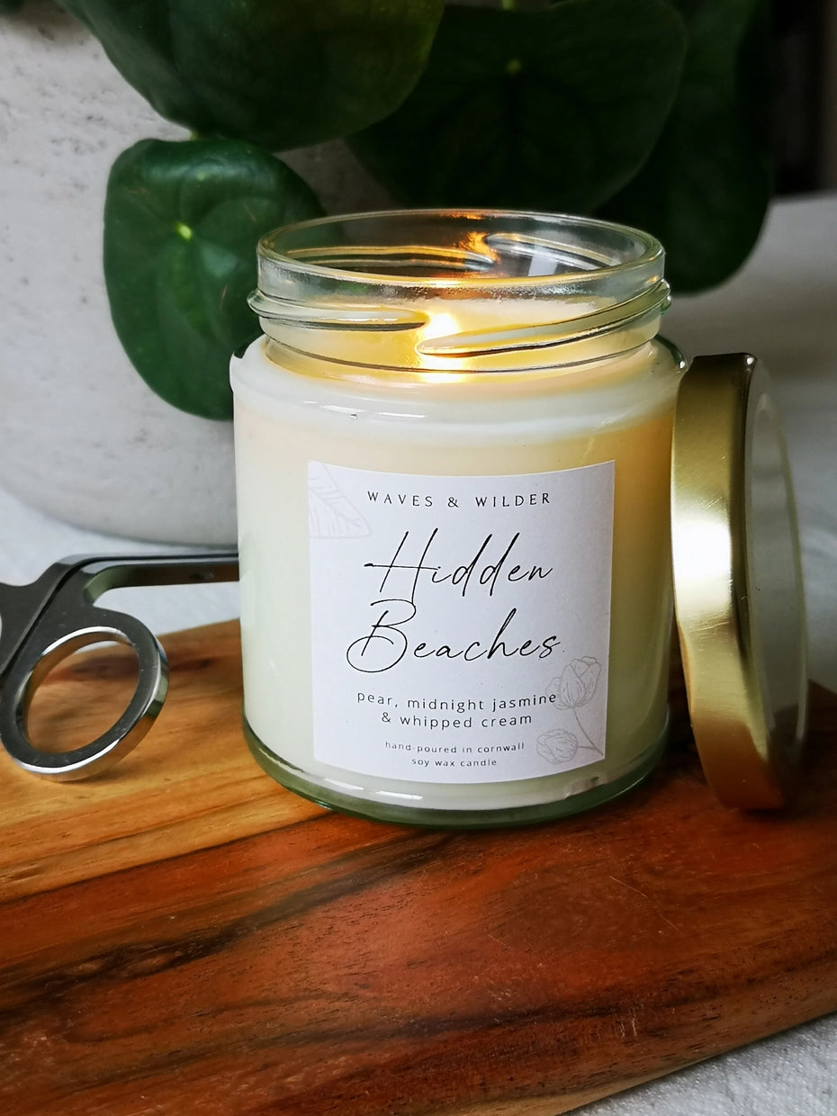 hidden beaches soy wax candle by Waves & Wilder. Pear, jasmine, whipped cream scent luxury hand-poured Cornwall gift