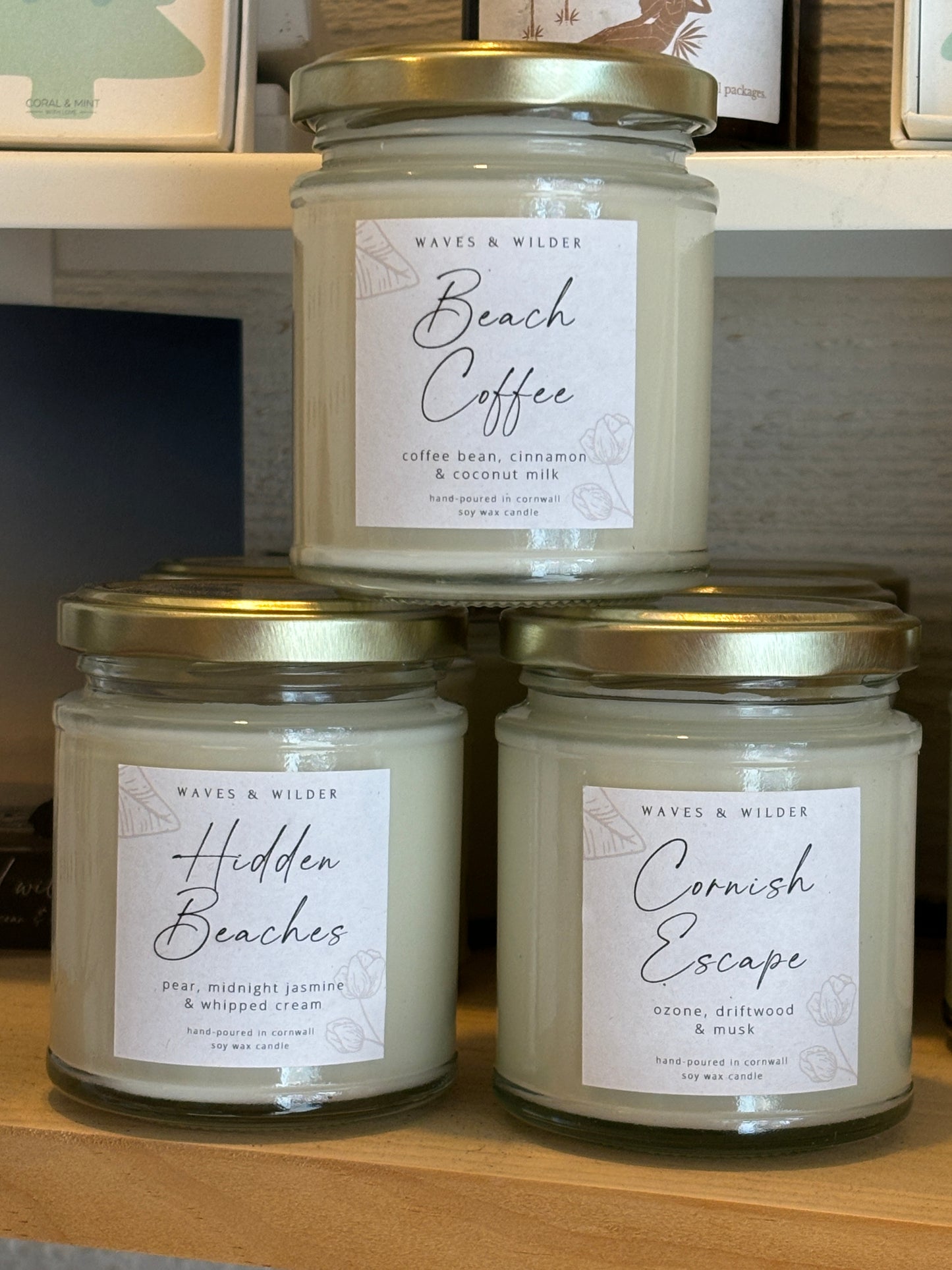 Waves & Wilder Cornwall soy candles set Cornish Escape, Beach Coffee, Hidden Beaches scents eco-friendly aromatherapy gift
