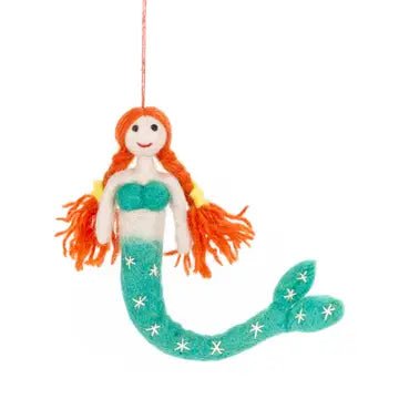 handmade felt mermaid ornament green tail orange hair, hanging decoration, nautical nursery decor, coastal Christmas