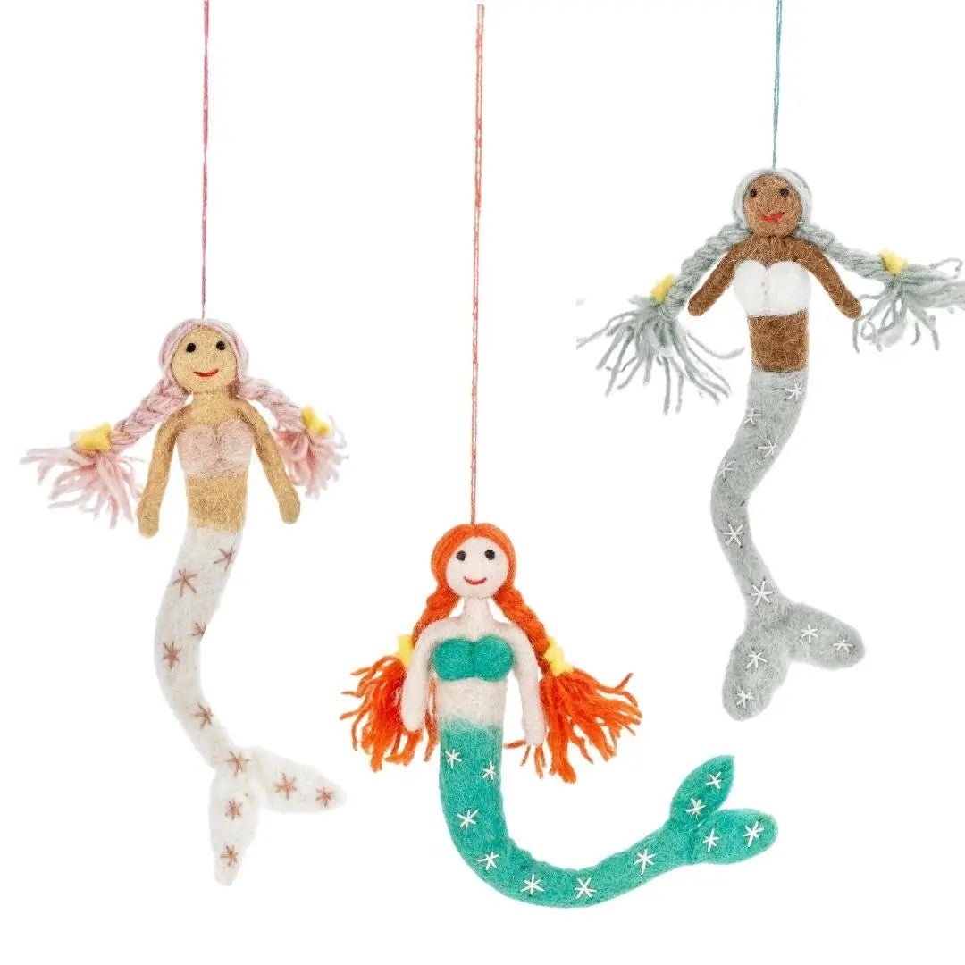 felt mermaid hanging ornaments handmade nautical decor, pink, blue, green, coastal nursery Christmas decorations