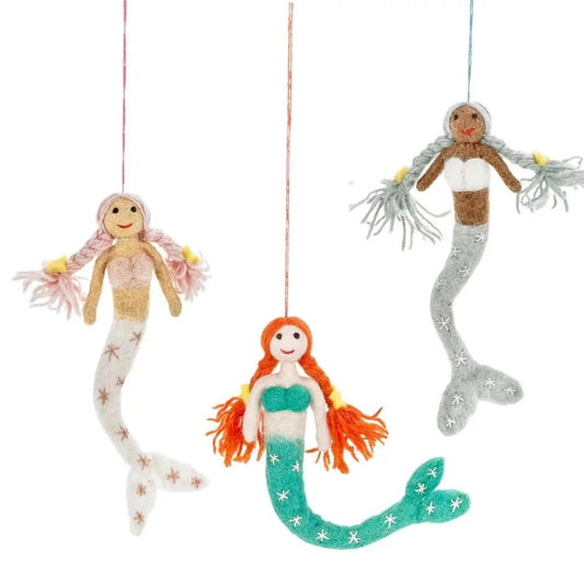 felt mermaid hanging ornaments handmade nautical decor, pink, blue, green, coastal nursery Christmas decorations
