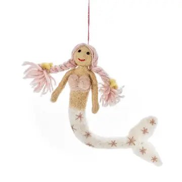 pink felt mermaid hanging ornament with starfish tail, handmade coastal decor, nursery decoration, ocean themed gift
