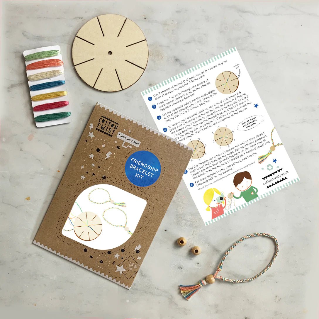 DIY friendship bracelet kit contents cotton twist kumihimo loom, colorful threads, wooden beads & instruction fun craft for kids