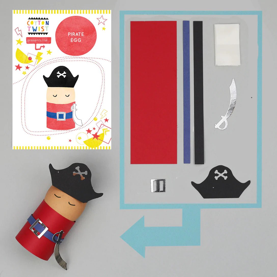 contents of the cotton twist pirate egg kit includes red and blue card, black foam, sword, belt buckle, and hat cutout for a DIY craft activity