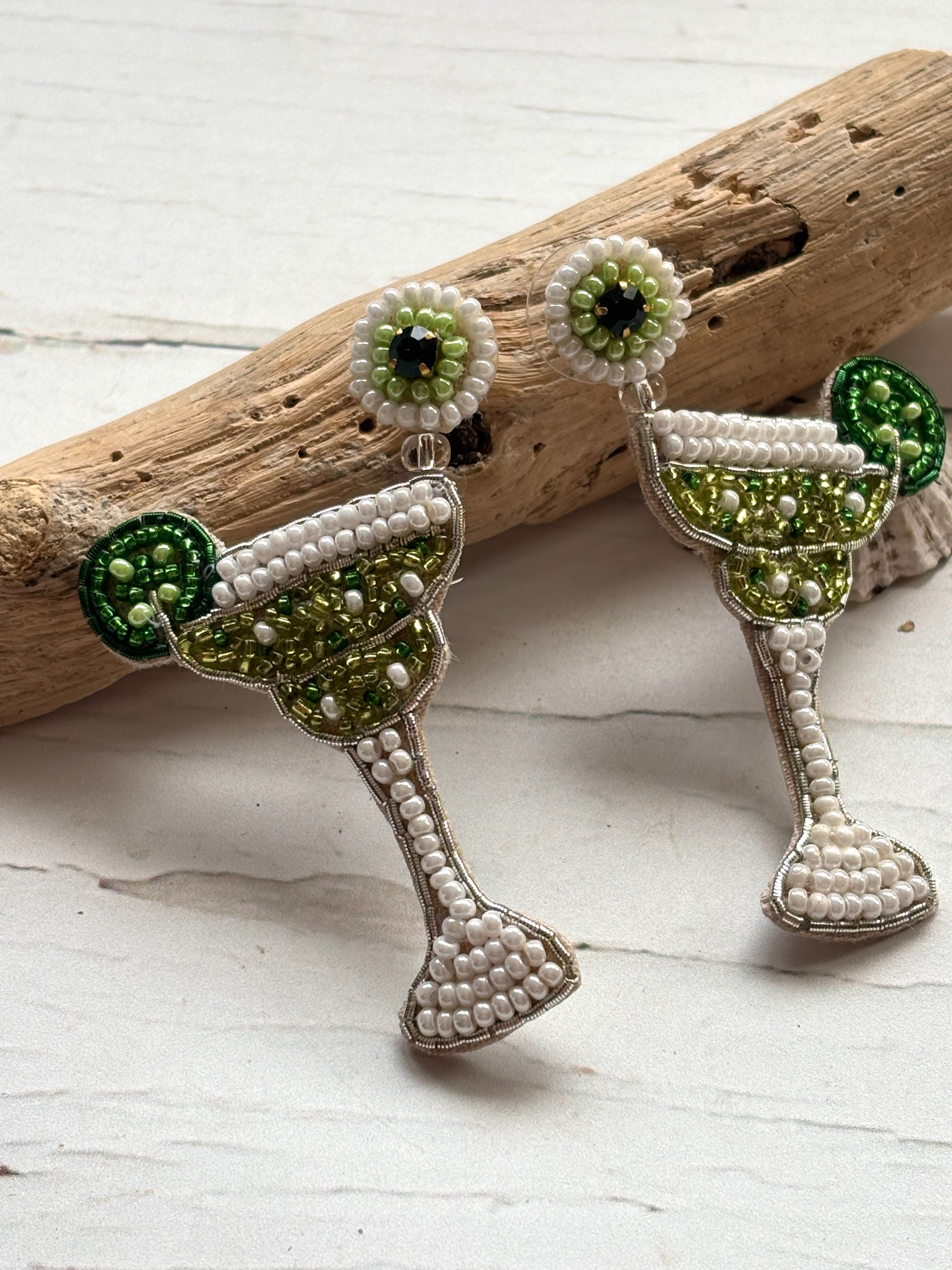 margarita cocktail statement earrings hand-beaded, green and white seed bead jewelry fun, novelty, fashion accessories gift for women