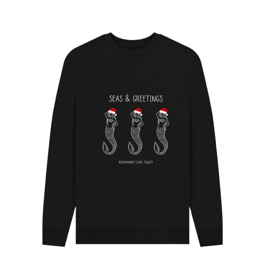 black men's Christmas jumper with "Seas & Greetings" print funny mermaid trio in Santa hats unique, festive sweatshirt