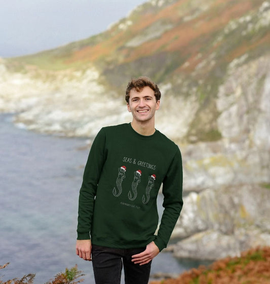 men's festive mermaids christmas jumper/sweatshirt funny, unique holiday apparel with seahorses in Santa hats eco-friendly gift