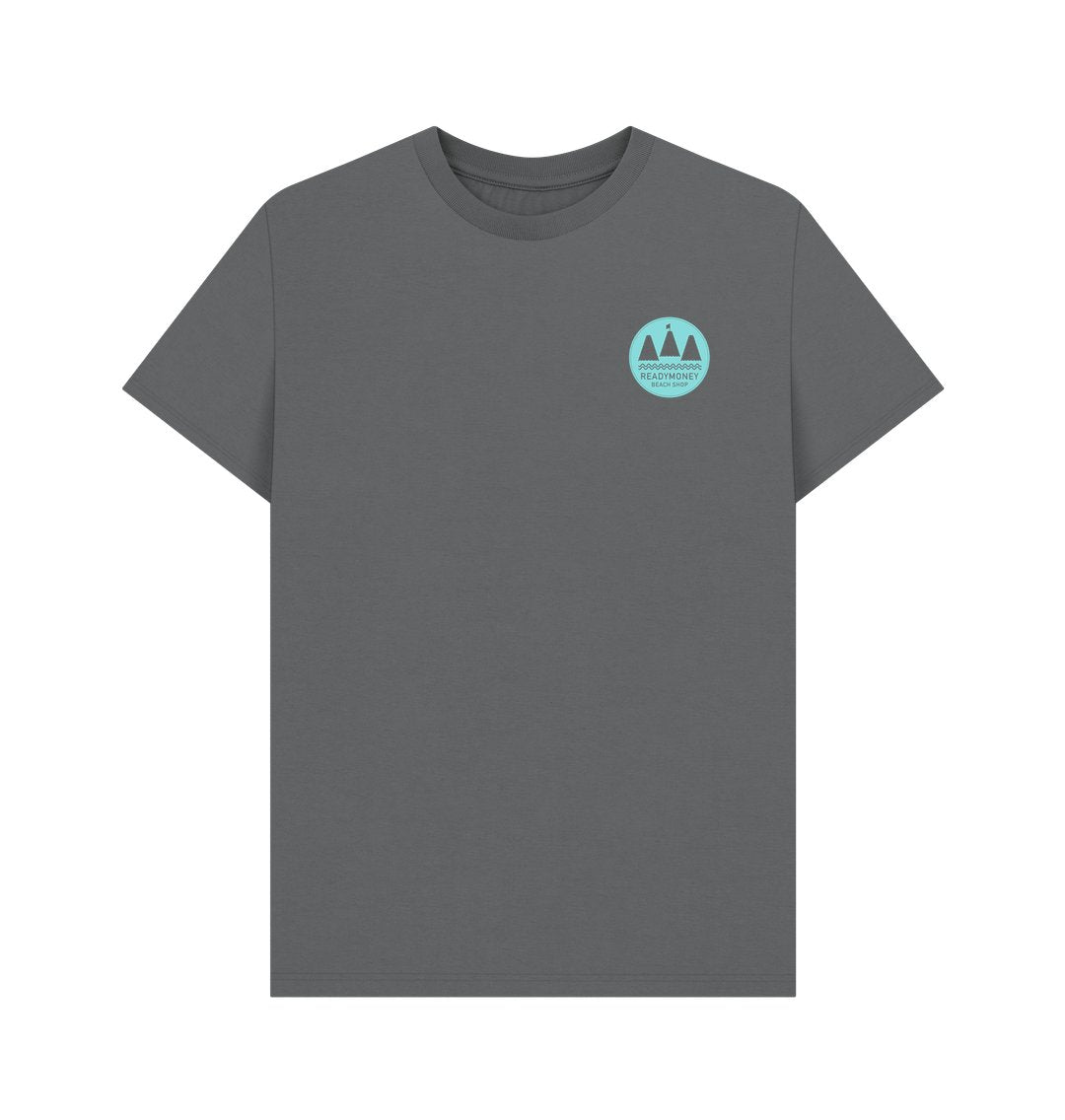 men's Readymoney Cove T-shirt slate grey organic cotton tee with small coastal graphic chest logo sustainable beach apparel gift