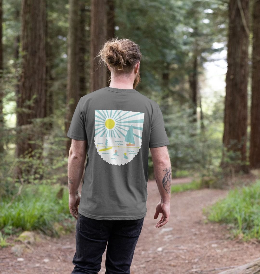 men's organic cotton T-shirt for hiking and outdoors features a large, colorful coastal graphic print on the back