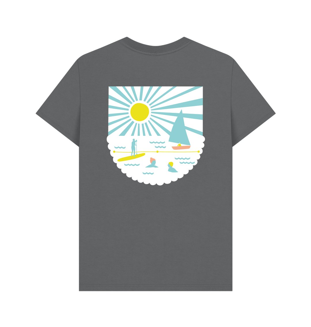 men's Readymoney Cove T-shirt with back print slate grey tee featuring sun, sailboat, and paddleboarder graphic coastal apparel gift