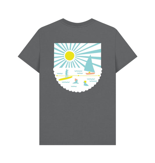 men's Readymoney Cove T-shirt with back print slate grey tee featuring sun, sailboat, and paddleboarder graphic coastal apparel gift