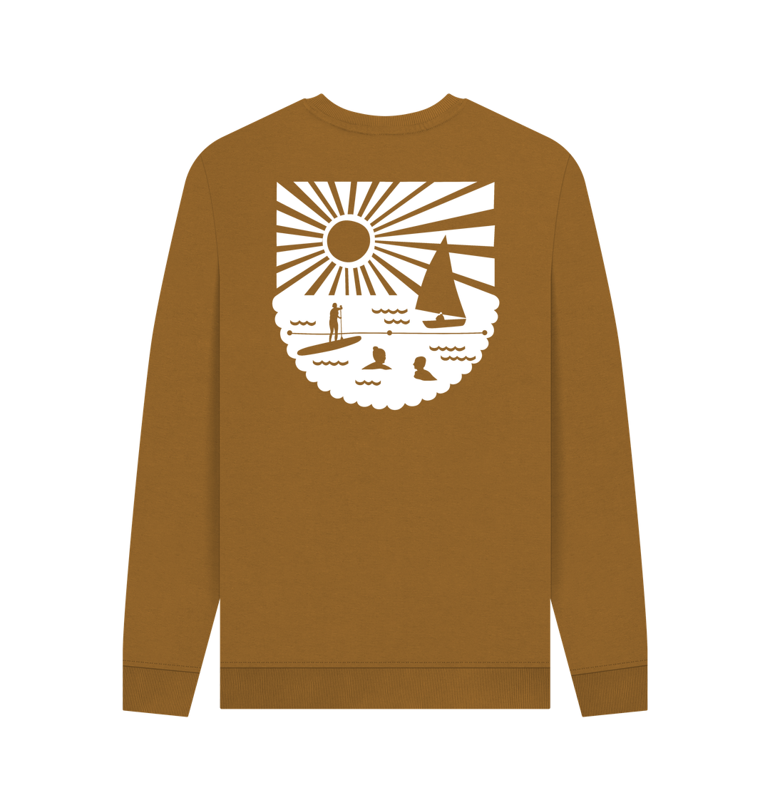 brown crew neck sweatshirt with a white coastal back graphic features a sailboat, sun, and paddleboarder eco-friendly men's apparel