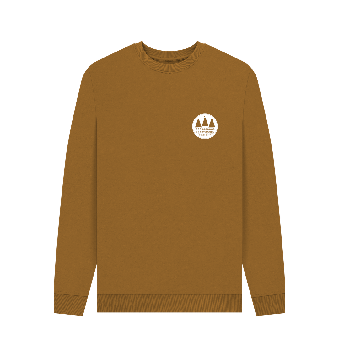 brown crew neck sweatshirt front view organic cotton with small white coastal logo on the chest sustainable men's apparel and casual wear