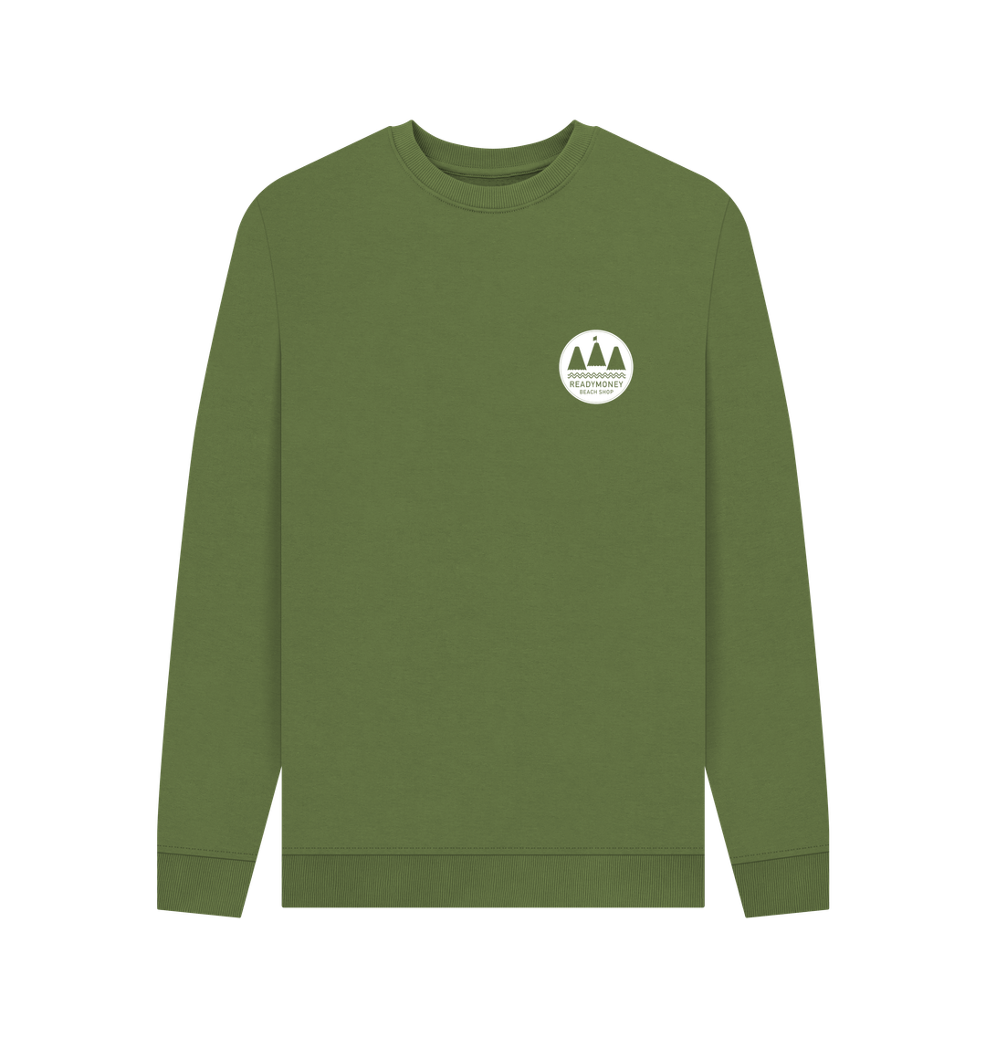 khaki crew neck sweatshirt front view organic cotton with small white coastal logo on the chest sustainable men's apparel and casual wear