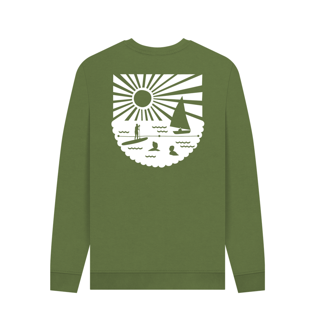 khaki crew neck sweatshirt with large white coastal back graphic features sun, sailboat, and paddleboarder eco-friendly men's apparel