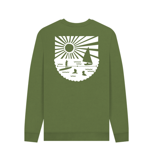 khaki crew neck sweatshirt with large white coastal back graphic features sun, sailboat, and paddleboarder eco-friendly men's apparel