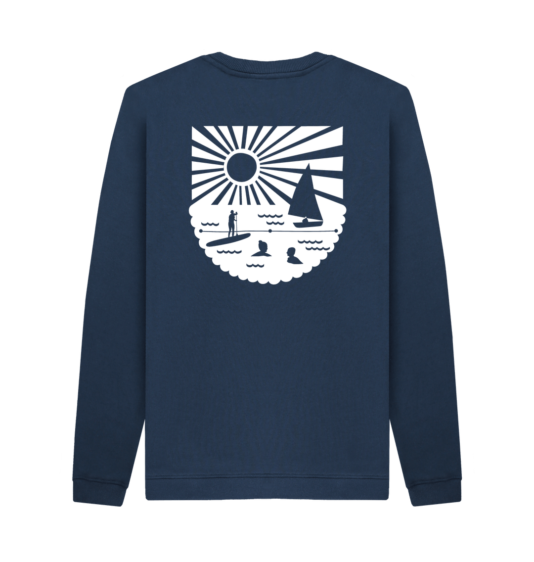 navy blue crew neck sweatshirt with a large white coastal back graphic features a sailboat, sun, and paddleboarder eco-friendly beach apparel